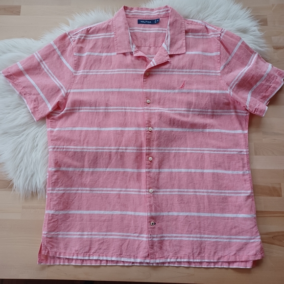 {Nautica} Men's Coral Striped Short Sleeve Button Down - Picture 5 of 6